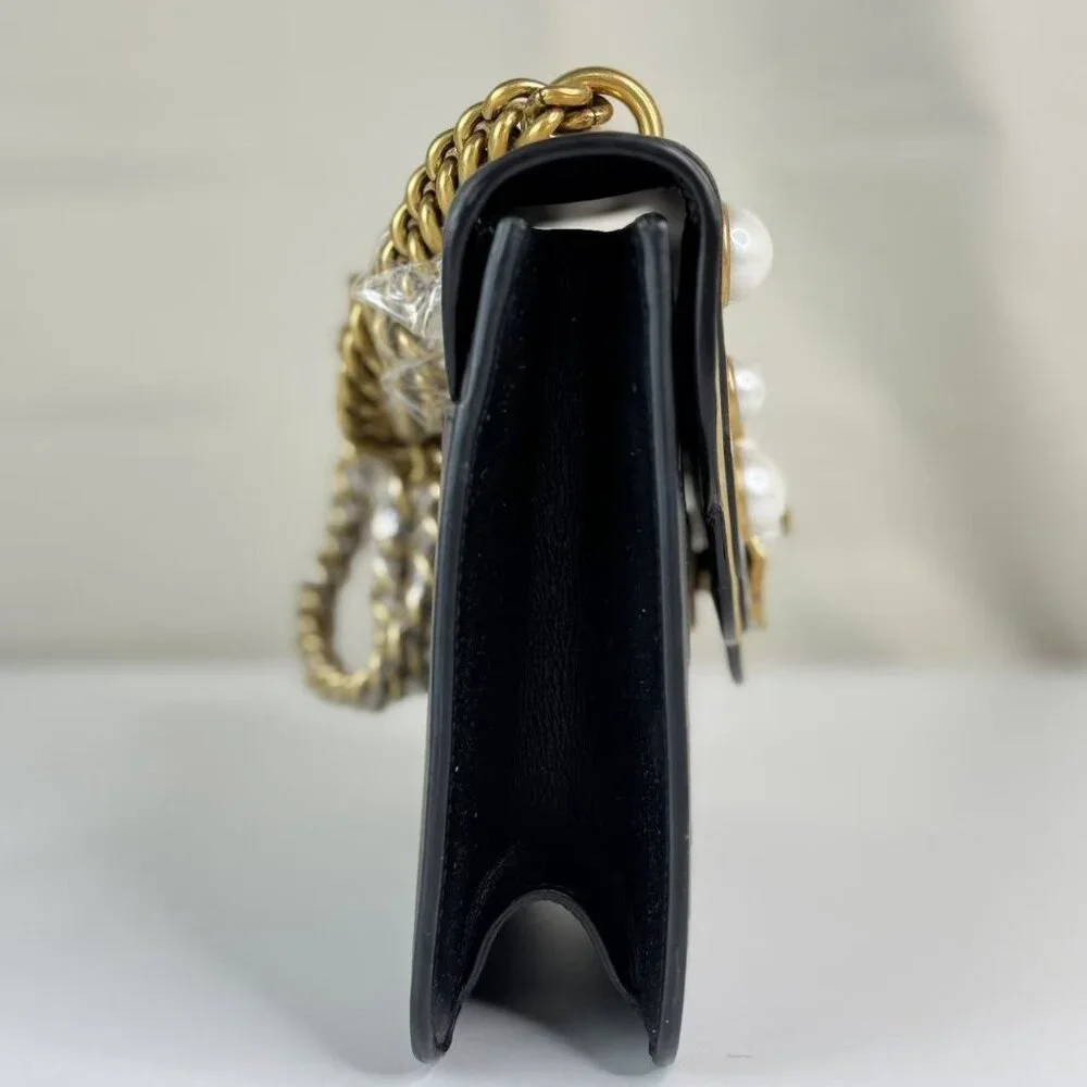 Gucci Black Leather Pearly Peony Chain Shoulder Bag